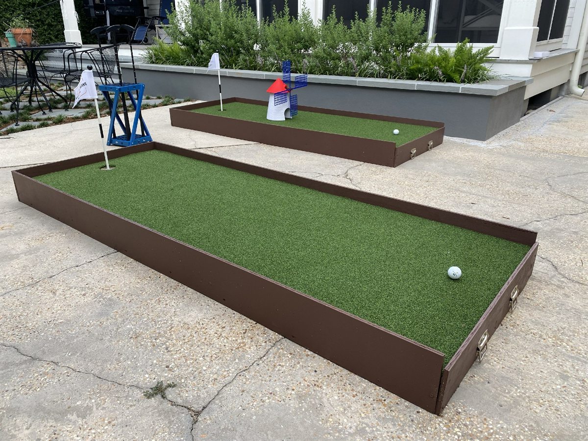 Custom portable mini-golf course set up outdoors